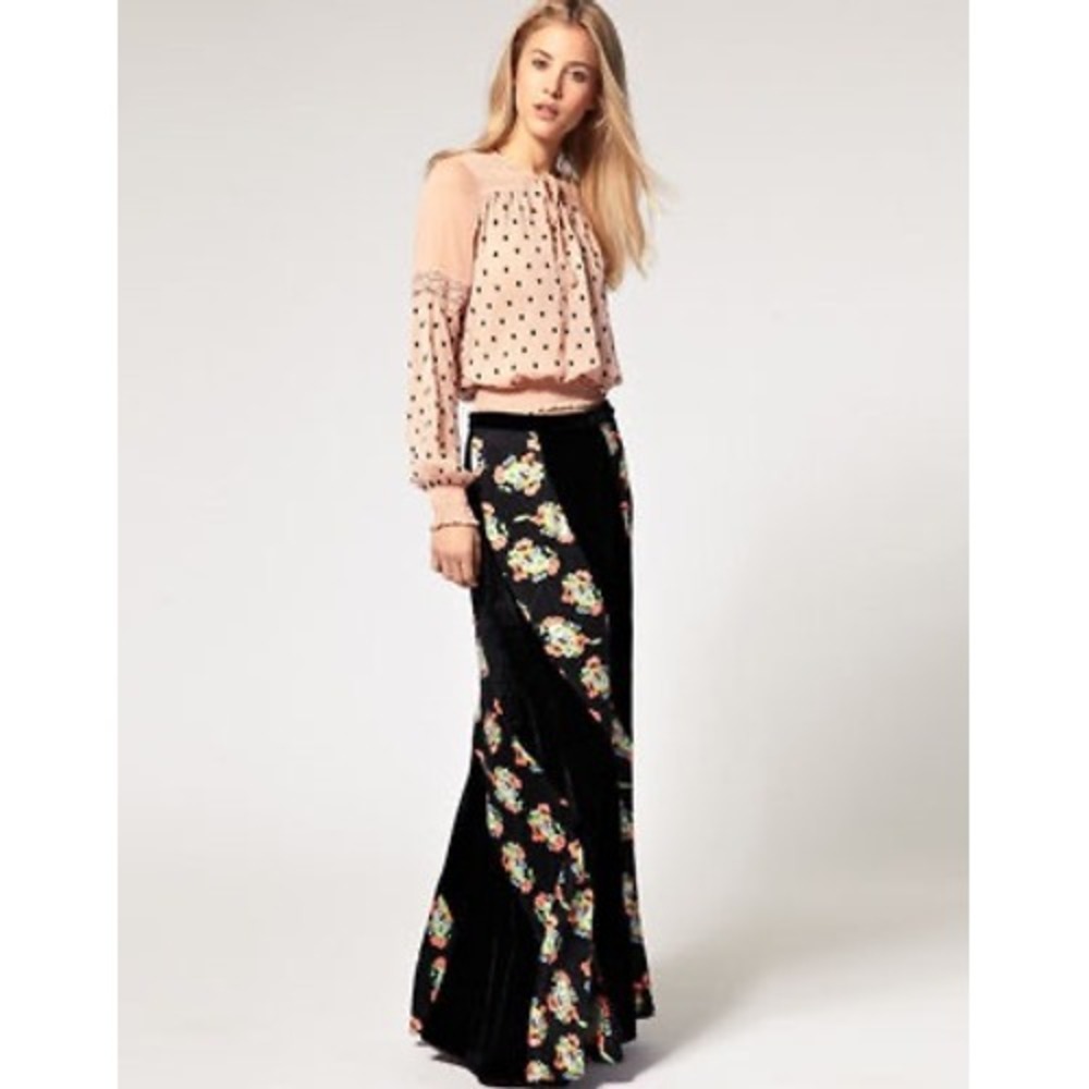 Free People‎ Velvet Floral Panel Maxi Skirt Boho Retro Romantic Black Size 2